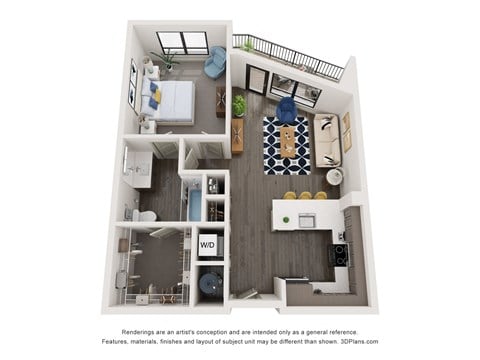 Floor plan for 1 bed, 1 bath, 728 sqft